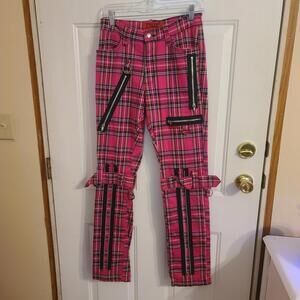 Tripp NYC Daang Goodman Size 26 Punk Pink Plaid Bondage Pants Zippers Skinny